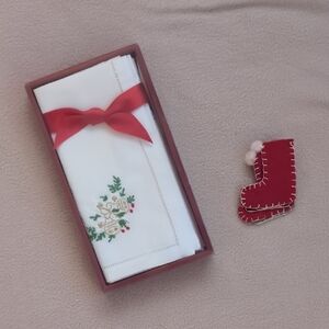 Embroidered Holiday Bell Napkin Set with Red Bow